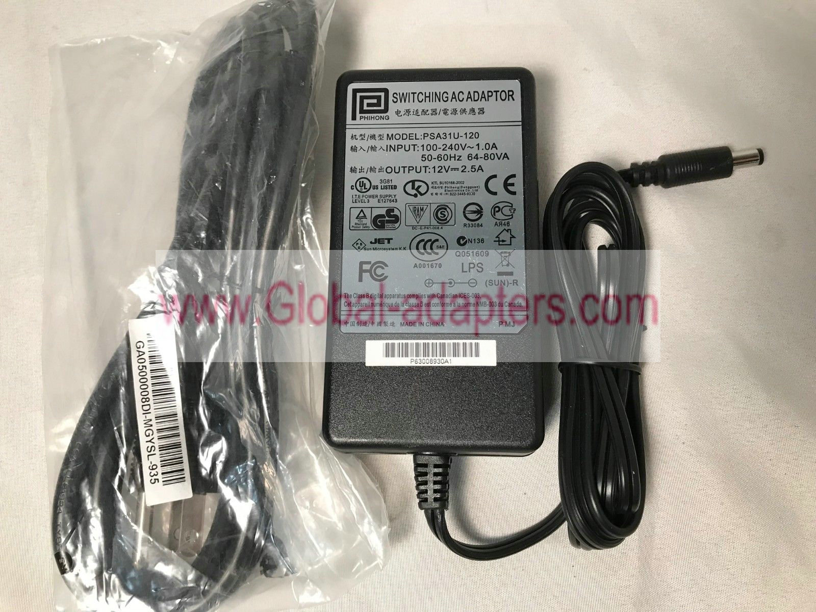 New Genuine 12V 2.5A Phihong PSA31U-120 Switching AC Adapter w/ Power Cord